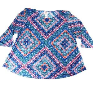 NWT-Ruby Rd. Favorites Woman 3X Blue Floral Geometric Print 3/4 Sleeve Tunic Top